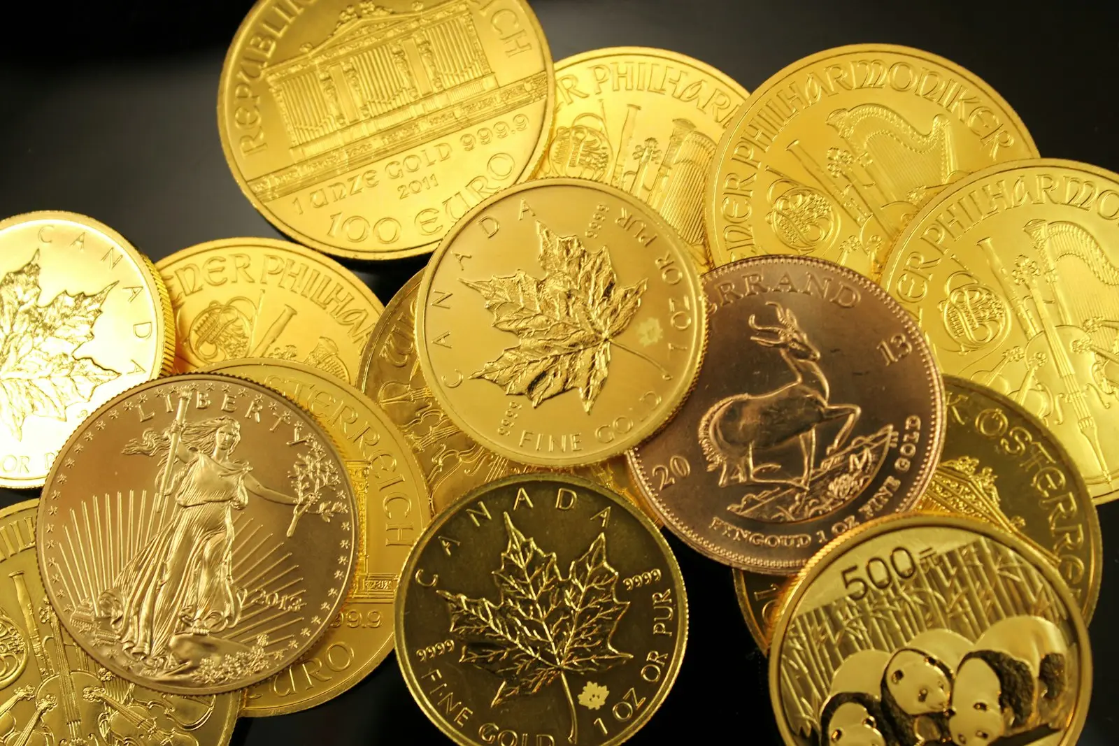 Gold bullion coins, including Maple Leafs and Eagles